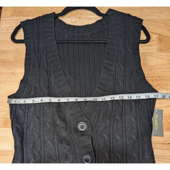 Style & Co Sweater Vest Midi Dress Womens Medium Black Cable Knit Button Belted - Picture 2 of 9